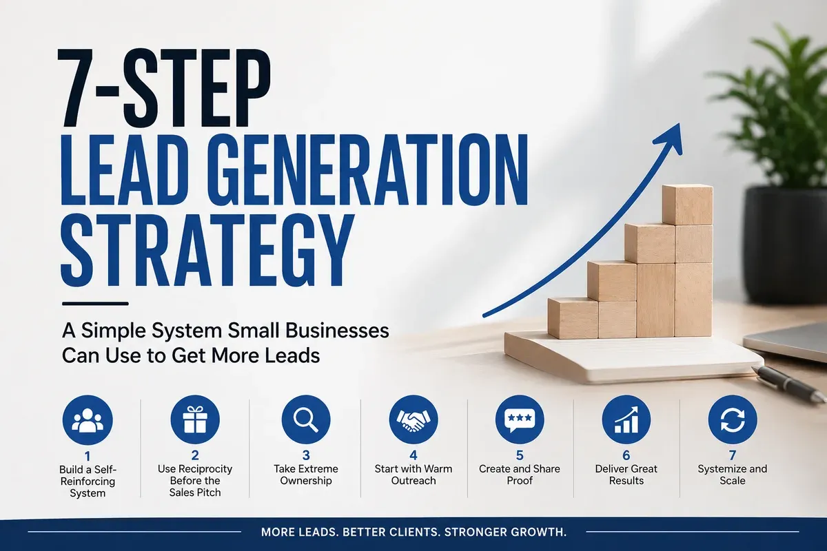 Infographic titled 7-Step Lead Generation Strategy listing seven numbered steps — self-reinforcing system, reciprocity, extreme ownership, warm outreach, proof, results, and systemize — beside rising wooden blocks and an upward arrow
