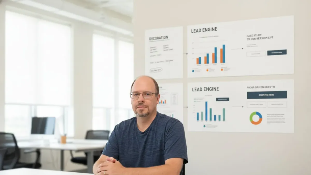 Ryan Borden beside a dashboard showing a case study conversion lift, arms folded