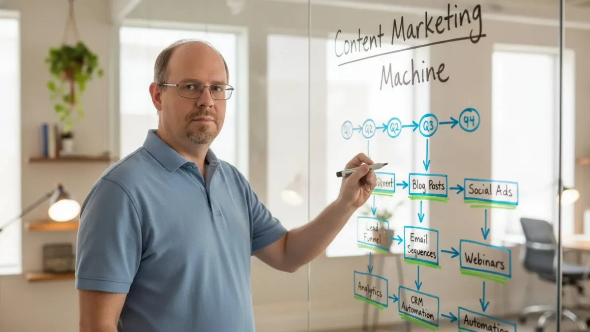 Ryan Borden reviewing a content marketing automation stack across planning, SEO and distribution tools