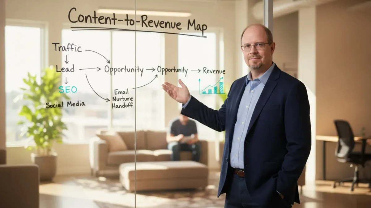 Ryan Borden reviewing content performance dashboards showing qualified traffic and pipeline influenced