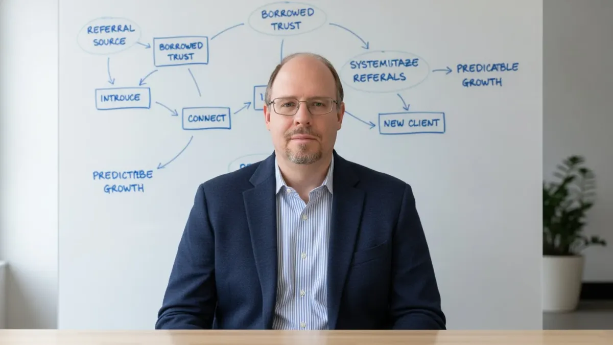 Ryan Borden at a whiteboard mapping a referral pipeline from client success through testimonial to a new referral