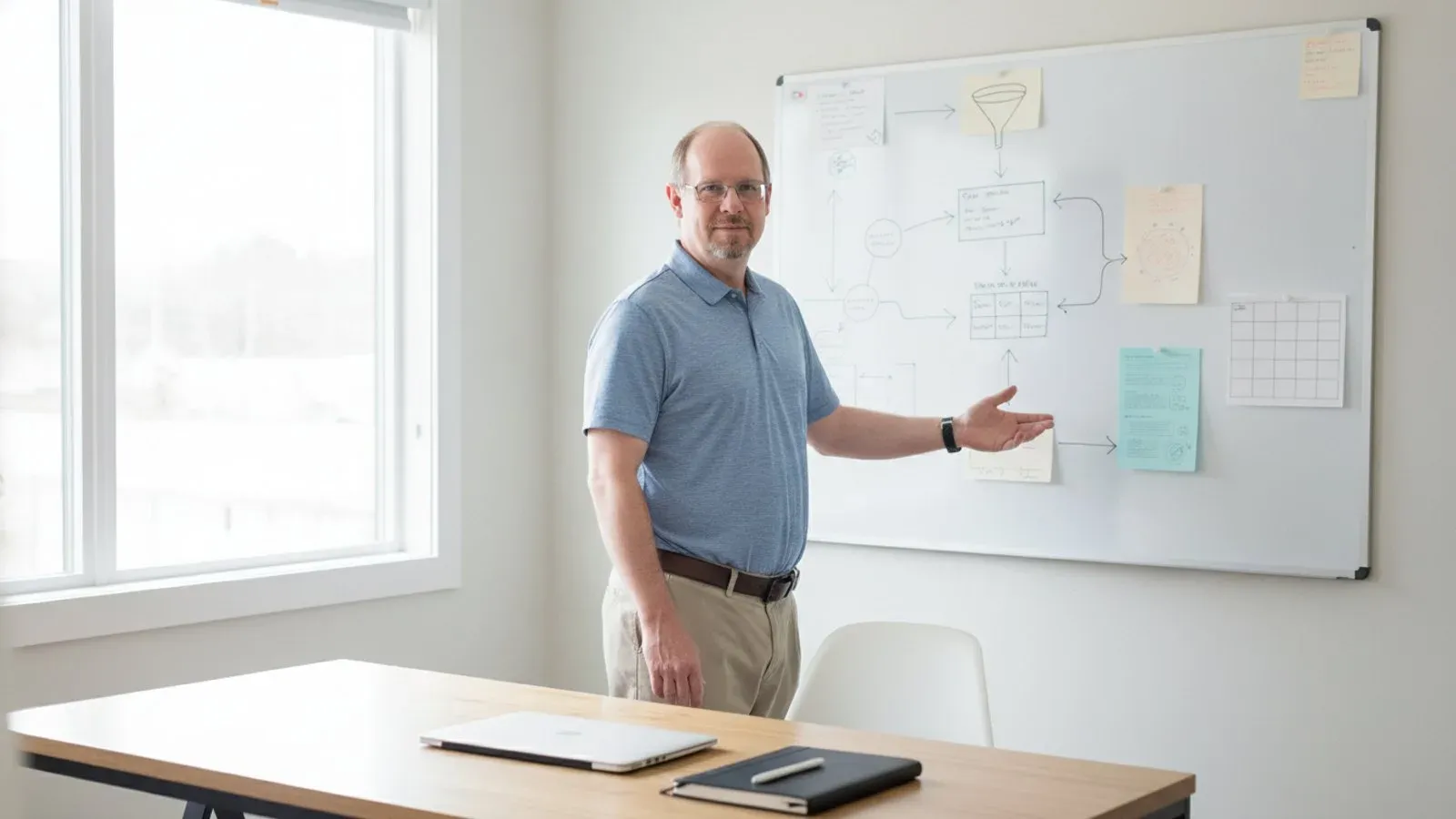Ryan Borden at a desk reviewing a small business lead generation plan with channel notes and a funnel diagram