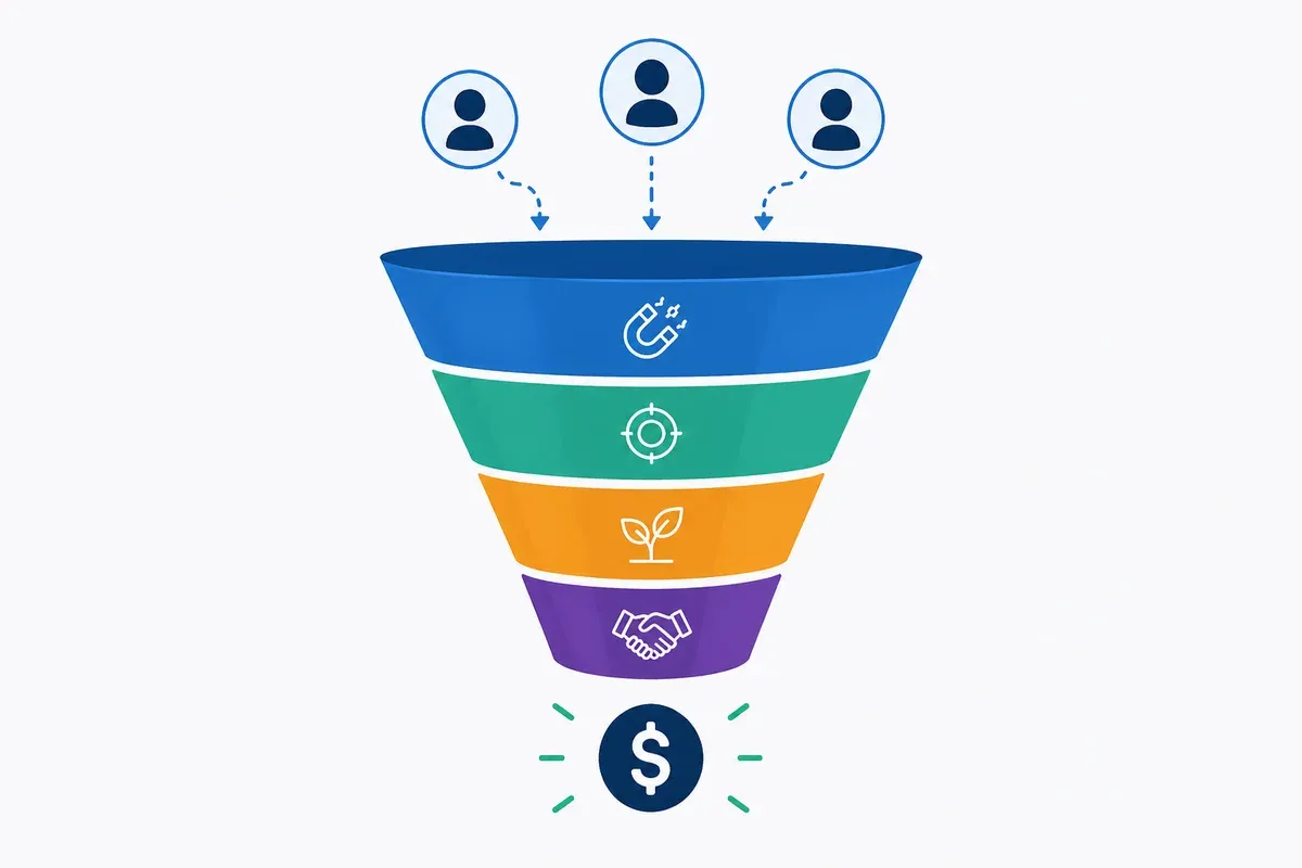Lead generation funnel with four stages — attracting prospects, targeting, nurturing, and closing — turning three prospects at the top into revenue at the bottom
