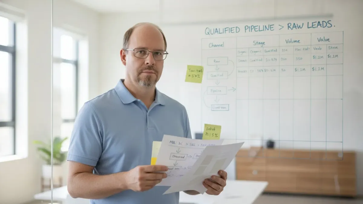 Ryan Borden reviewing a lead generation services proposal against an evaluation scorecard