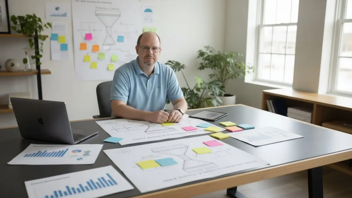 Ryan Borden at a desk covered in printed funnel diagrams and sticky notes, with a lead generation flowchart pinned to the wall behind him