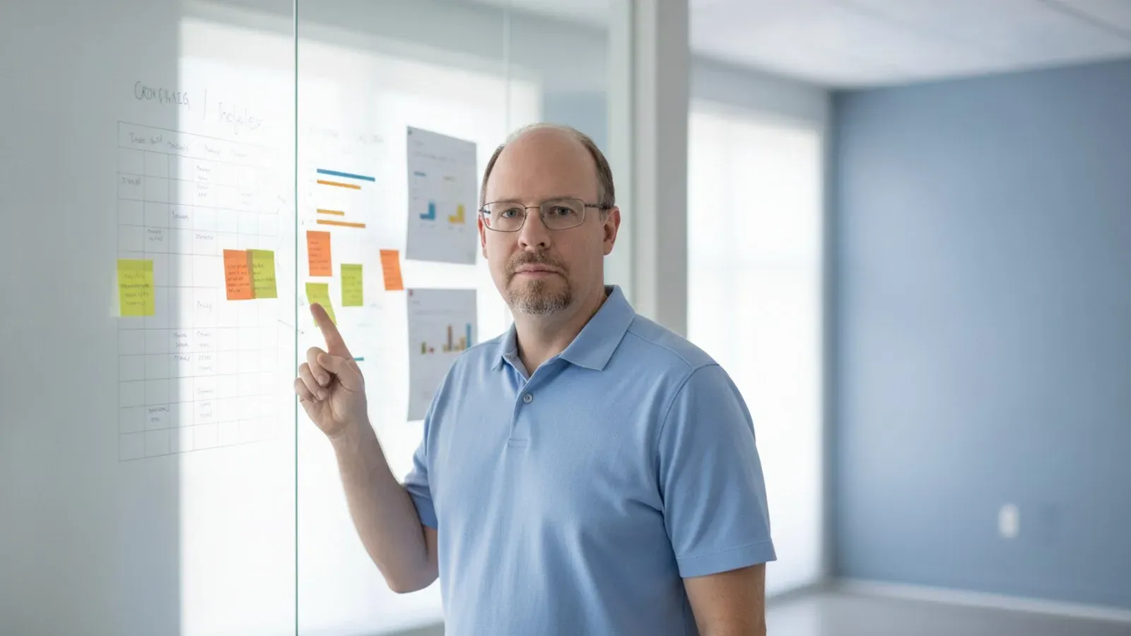 Ryan Borden at a glass whiteboard pointing to a lead scoring matrix with sticky notes and charts