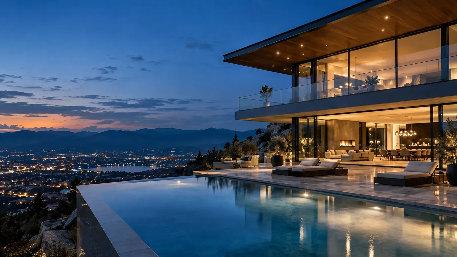 A contemporary luxury home and skyline, illustrating the luxury real estate market trends agents need to interpret for clients in 2026