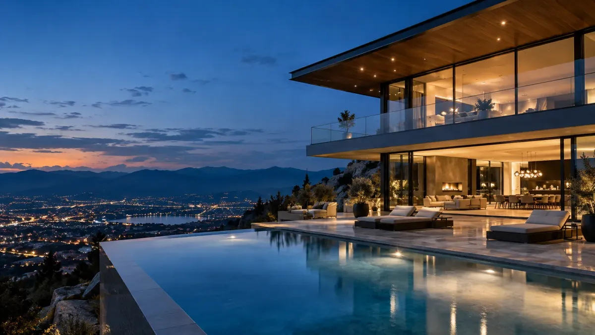 A contemporary luxury home and skyline, illustrating the luxury real estate market trends agents need to interpret for clients in 2026