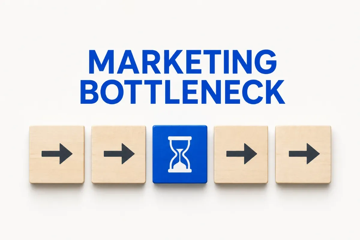 Five wooden tiles in a row, four with black arrows and one blue tile with an hourglass, under the words Marketing Bottleneck