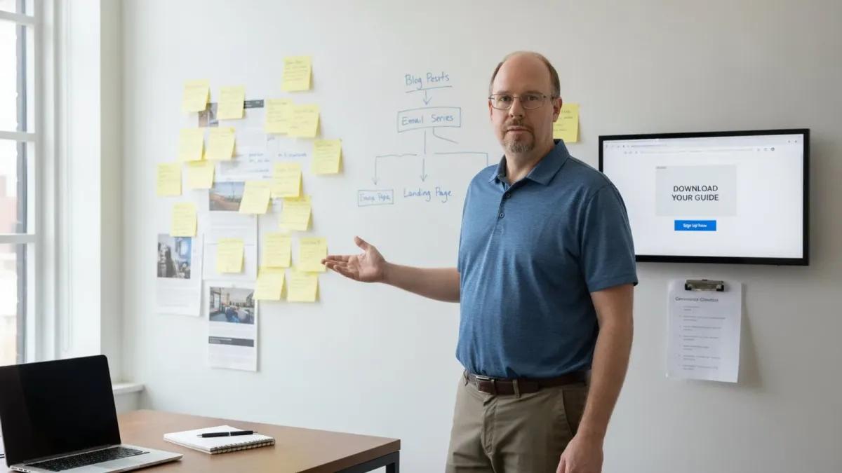 Ryan Borden mapping a sticky-note content flow into a landing page with an opt-in mockup on screen