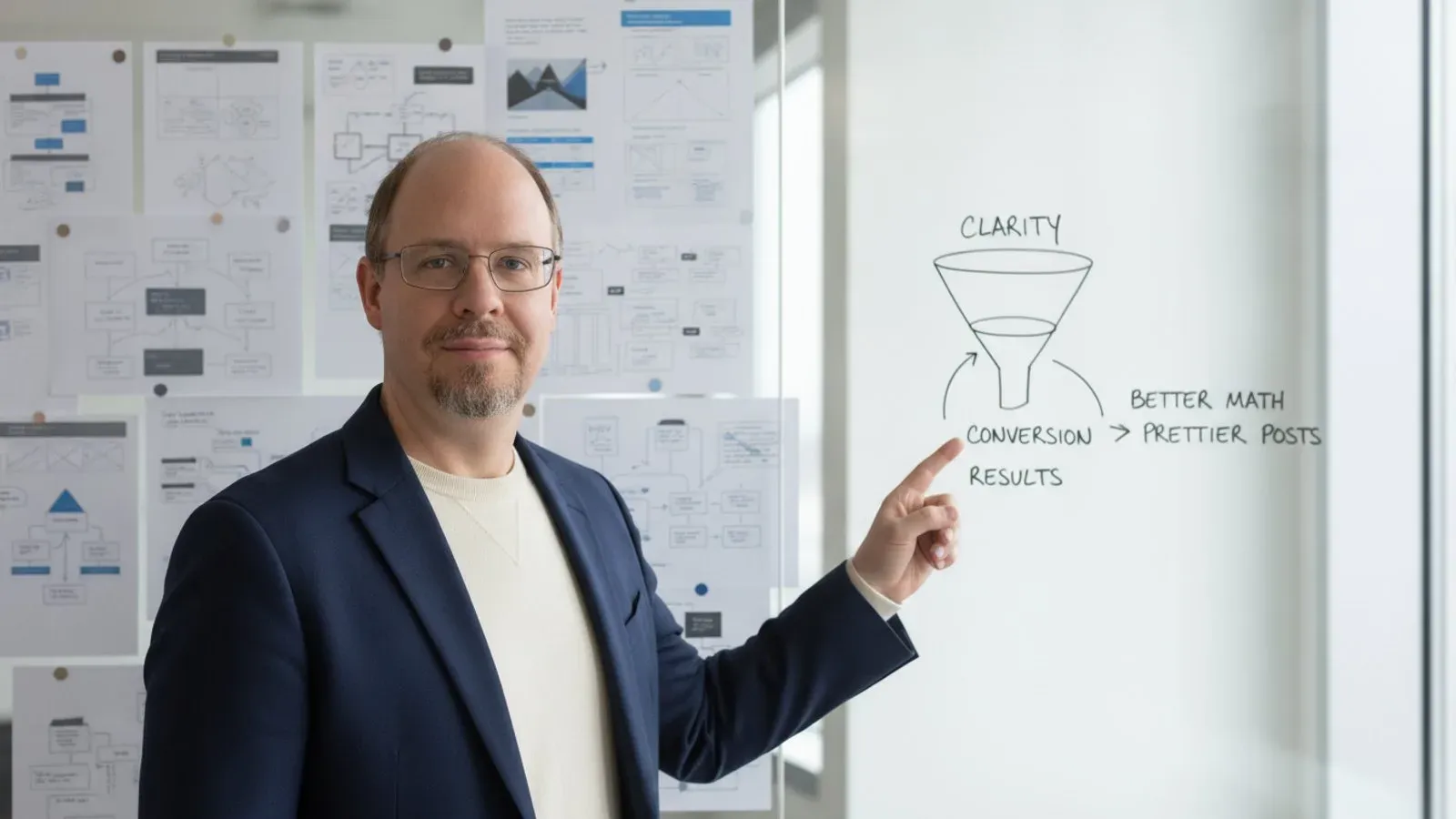 Ryan Borden at a glass board sketching a clarity-to-conversion funnel beside a wall of content diagrams